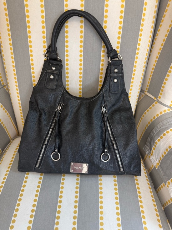 Nine West Handbags - Nine West Black Faux Leather Handbag Zip Details Moto Biker Design